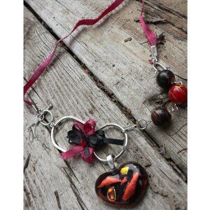 3x35$ 🐿 🍁 CREATION - Heart vintage pendant 💖 short necklace - burgundy black